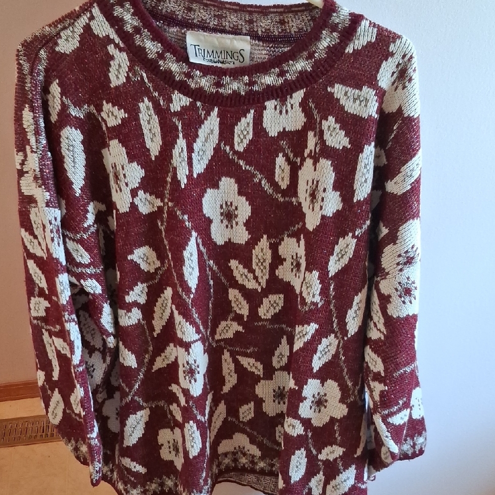 Wine and Cream Floral Knit Sweater